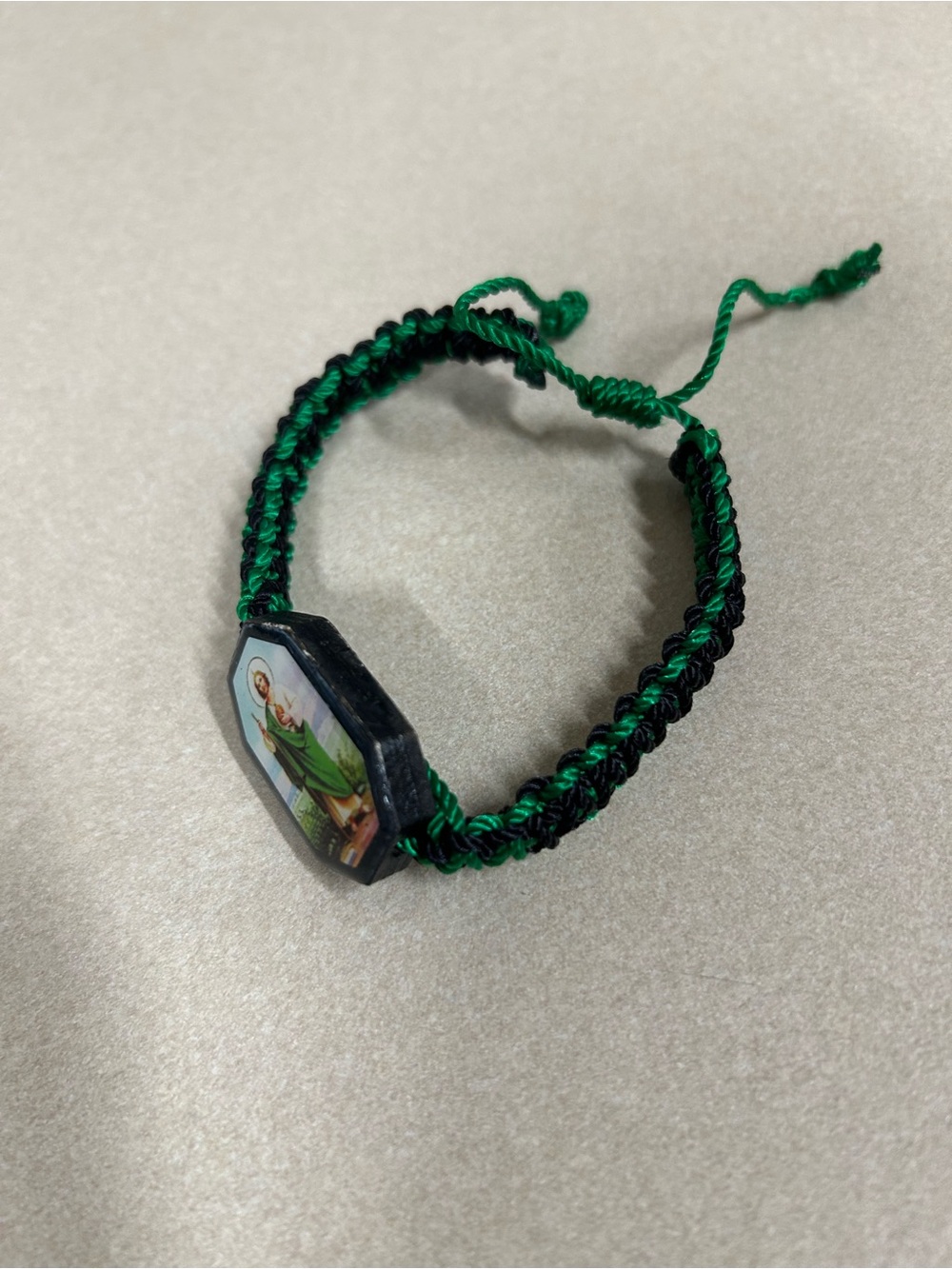 Handmade Green and Black Braided Religious Bracelet with Saint Judas